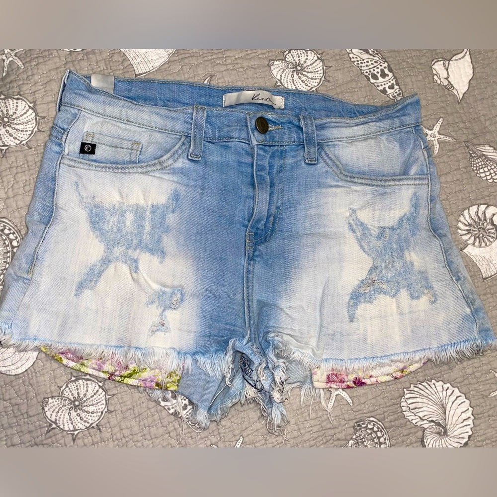 Kancan brand light blue denim jean shorts distressed, lace floral pocket accents